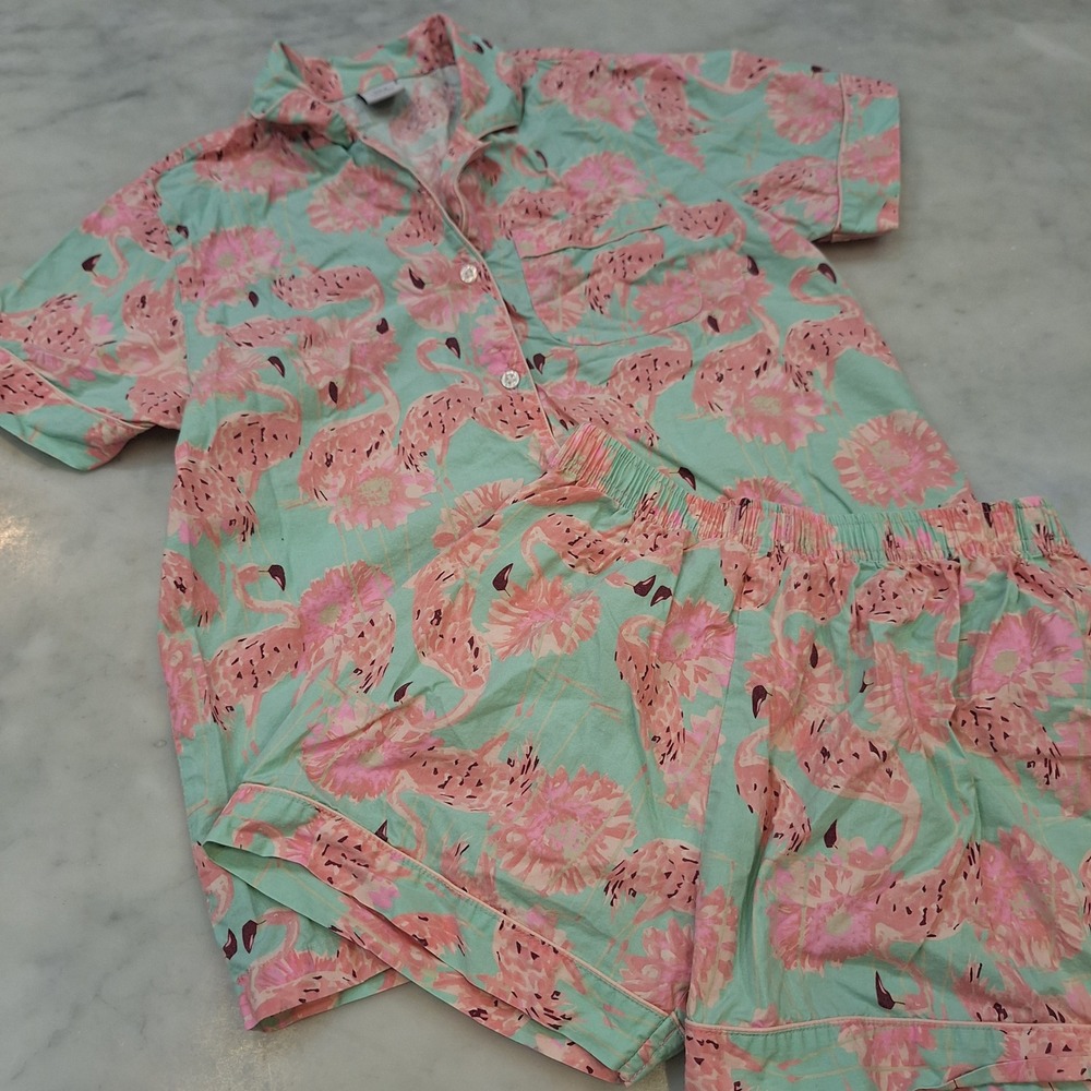 Oak Lane Pajama Set Sz XS/S Mint Green Pink Flamingo Print 100% Cotton Sleepwear